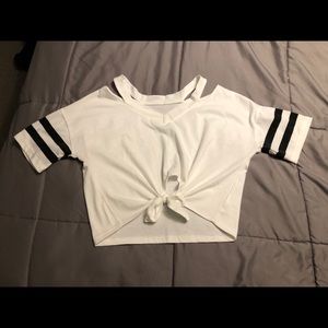 White crop top with black stripes on sleeves